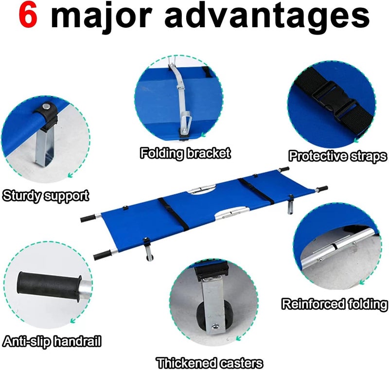 QAKEEIGB Stretcher Portable Folding Aluminum Lightweight with Trolley 2 Wheels Rescue Stretcher for Hospital, Clinic, Home, Sports Venues, Ambulance Capacity 330 lb (Blue) - Image 2